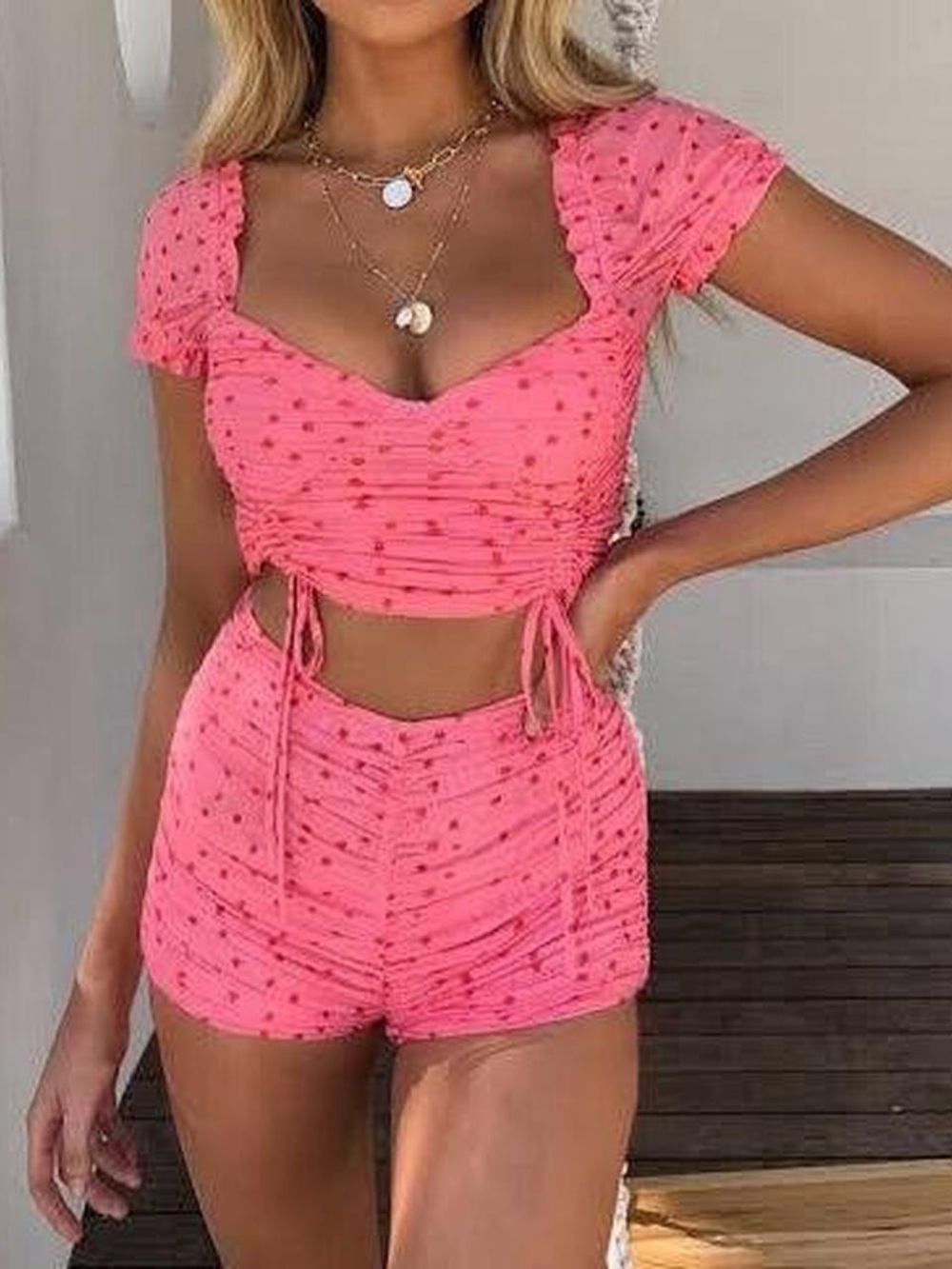 Tiger Mist Toronto Pink Ruched Cutout 2pc Coord Set with Red Flower Print